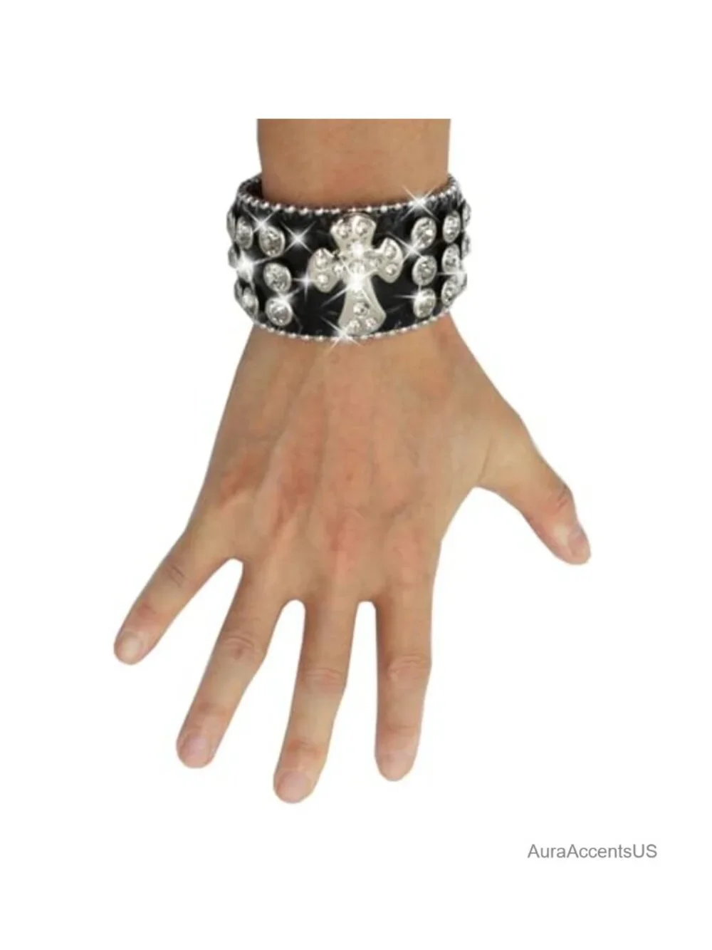 Rhinestone Studded Leather Cuff Bracelet Punk Cross Design Unisex